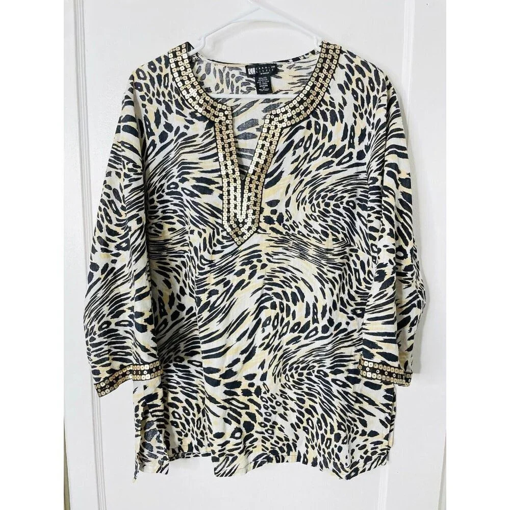 Vtg Carole Little Tunic 1X Linen Blend Animal Print Sequin Woven Side Slit Boho